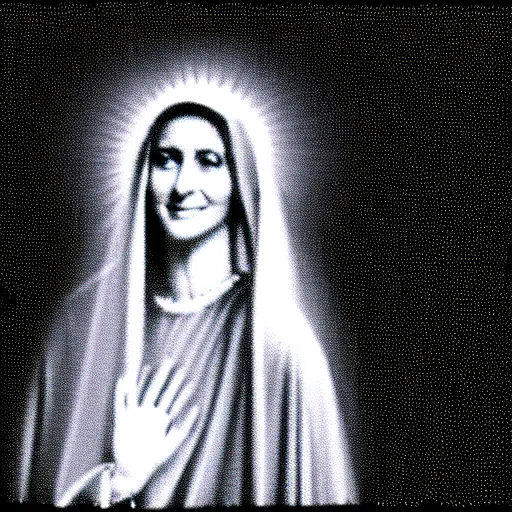 Image similar to vhs static overlay of marian apparition, vhs, 1 9 9 0, highly realistic, highly detailed, vhs noise static, black and white, vhs glitch