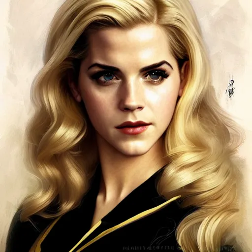 Image similar to A combination of Katheryn Winnick's and Grace Kelly's and Emma Watson's faces with blonde hair as Bat Girl, western, D&D, fantasy, intricate, elegant, highly detailed, digital painting, artstation, concept art, matte, sharp focus, illustration, art by Artgerm and Greg Rutkowski and Alphonse Mucha