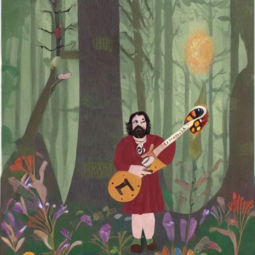 Image similar to Matt berry in a medeival fairy forest painting as a bard woodsman