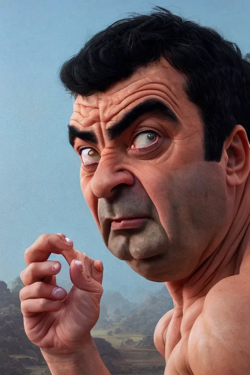 Image similar to upper body portrait of a hulking herculean chiseled mr bean rowan atkinson, cinematic lighting, photorealistic, octane render, 8 k, depth of field, 3 d, art by artgerm and greg rutkowski and alphonse mucha and uang guangjian and gil elvgren and sachin ten