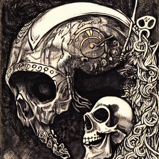 Image similar to portrait of skull with viking helmet and glowing eyes by rebecca guay, yoshitaka amano