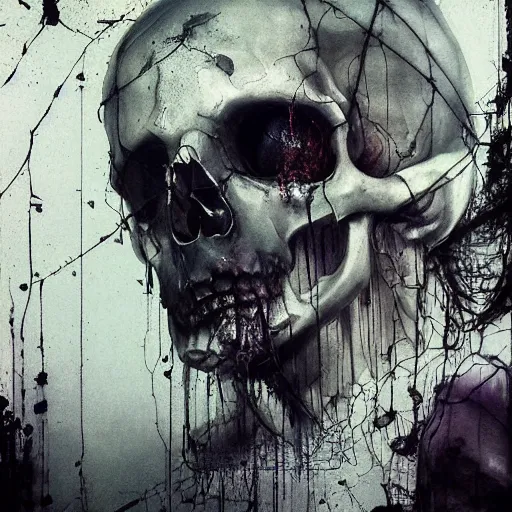 Image similar to skulls wires skin cyberpunk by emil melmoth zdzislaw belsinki craig mullins yoji shinkawa realistic render ominous detailed photo atmospheric by jeremy mann francis bacon and agnes cecile ink drips paint smears digital glitches glitchart