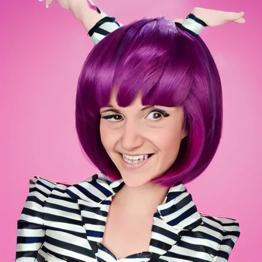 Prompt: stephanie from lazytown with pink hair and bangs and vertical stripes dress with different color, pink stripes