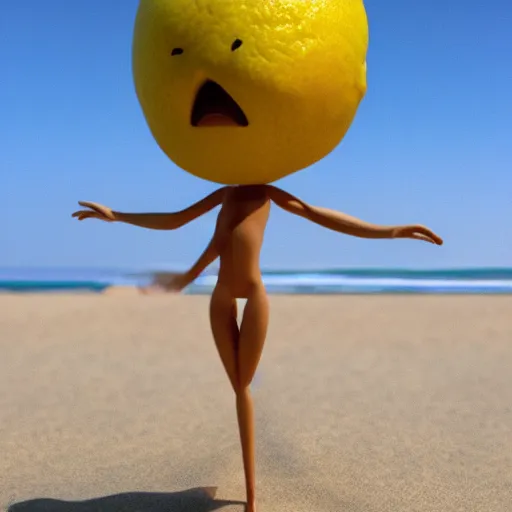 Prompt: a lemon in shape of a human with legs of lemons and round body, arms of lemons, on a beach, very realistic, high quality, volumetric light