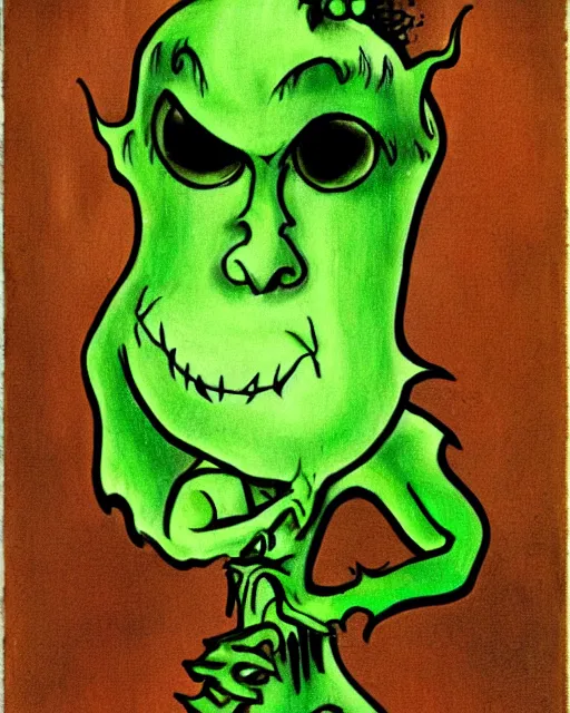 Image similar to a green devil with sad expression by tim burton