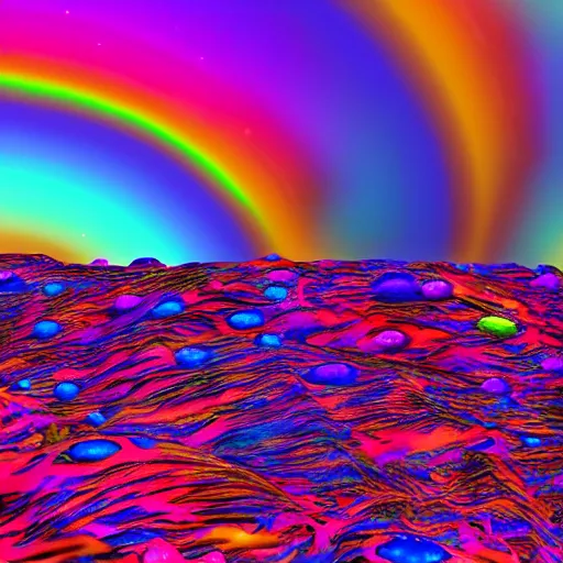 Prompt: 3 d render of a psychedelic landscape full of fluffy materials