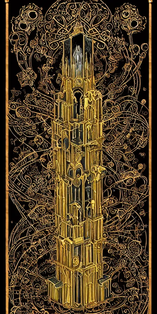 Prompt: photographic isometric cathedral, gothic, baroque, black paper tarot, gold leaf, bringer of glowing light and life, skull, mystical, intricate #voxelart ornamental oriental tarot tower floral flourishes, technology meets fantasy, glass, copper, steel, emerald, diamond, amethyst, glass, map, infographic, poster, concept art, octane, 8k insane detail, style of monument valley, wes anderson