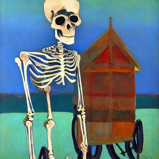 Image similar to The body art features a human figure driving a chariot. The figure is skeletal and frail, with a large head and eyes. The chariot is pulled by two animals, which are also skeletal and frail. turquoise by Sean Scully, by Arthur Streeton melancholic, colorful