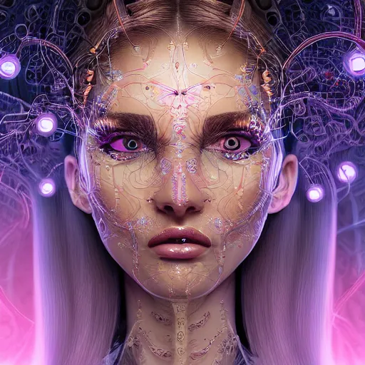 Prompt: very beautiful woman integrating with technology, full face frontal centered, portrait, insipiring, detailed intricate ornate cables connected to head, big eyes, luxurious detailed abundent wiring and implants, diamonds, ruby, sci - fi, neon, glow, lucious hair, detailed background with cyber flowers and insects, highly detailed, artstation, 8 k