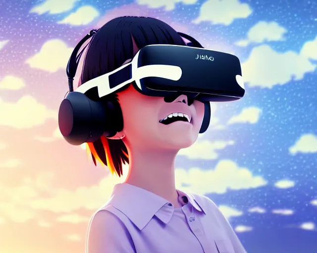 Prompt: anime fine details portrait of joyful girl in vr headset in school, bokeh. anime masterpiece by Studio Ghibli. 8k render, sharp high quality anime illustration in style of Ghibli, artstation