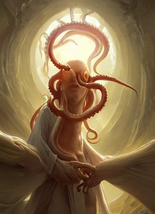 Image similar to a holy cephalopod with long powerful tentacles and a single large eye, with broad angelic wings wearing long white robe, highly detailed, digital painting, artstation, concept art, matte, sharp focus, illustration, dramatic, sunset,hearthstone, art by Artgerm and Greg Rutkowski and Alphonse Mucha