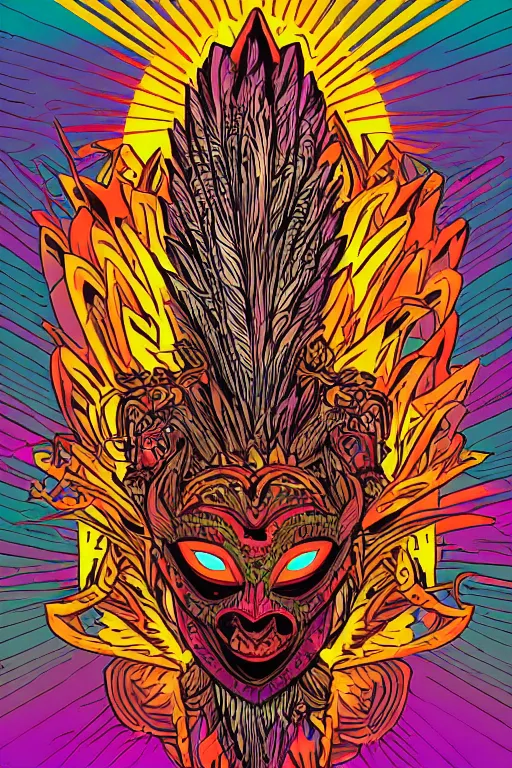 Image similar to animal mask totem roots flower tribal feather gemstone plant wood rock shaman vodoo video game vector cutout illustration vivid multicolor borderlands comics by josan gonzales and dan mumford radiating a glowing aura