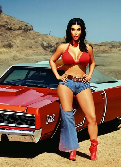 Image similar to film still of kim kardashian as daisy duke in the tv show dukes of hazzard, general lee charger, 4k.