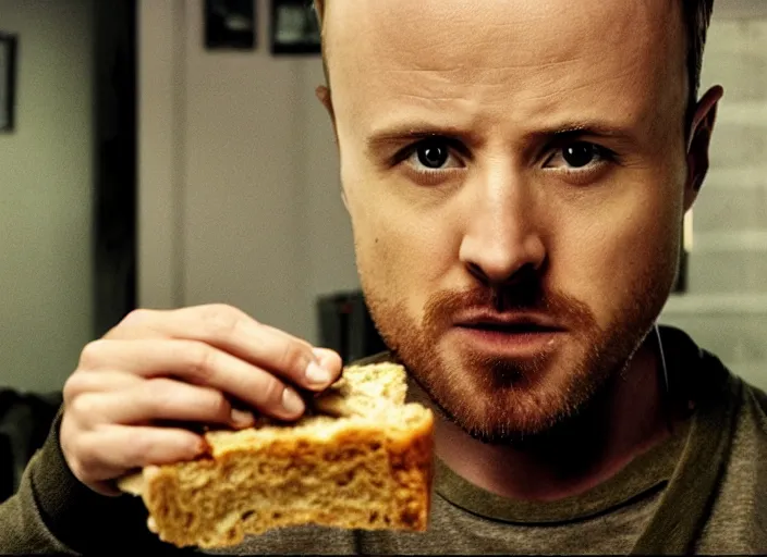 Image similar to photo of jesse pinkman from breaking bad eating a slice of bread, movie frame, cinematic composition, ultra detailed, sharp, breaking bad