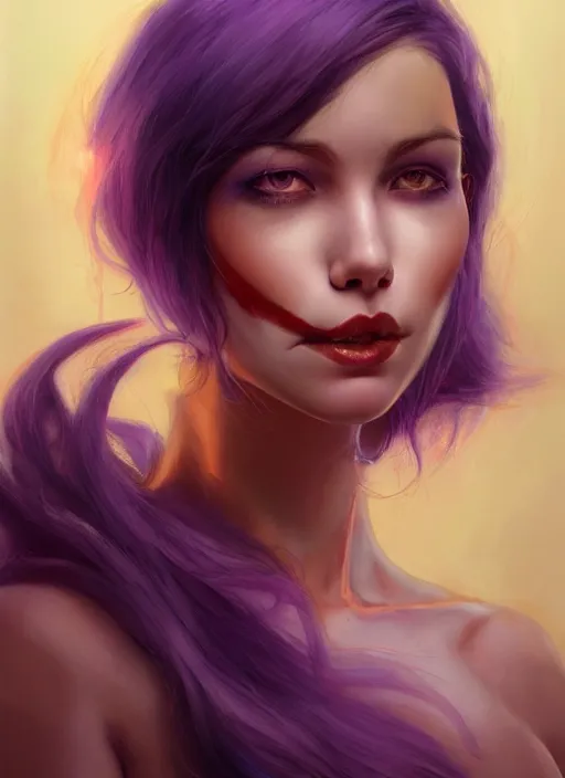 Image similar to a detailed facial portrait of a female nekomata with purple hair and orange eyes, a beautiful face, mutation, by tom bagshaw, by artgerm, by wlop, by dorian cleavenger, trending on artstation