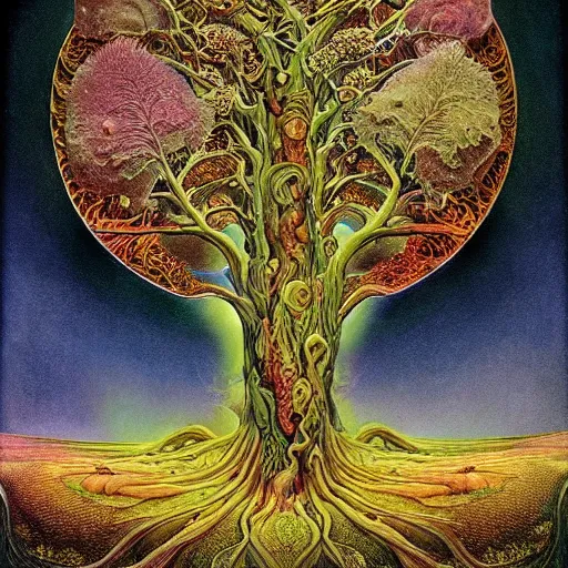 Image similar to sacred mulberry tree by roger dean and andrew ferez, art forms of nature by ernst haeckel, divine chaos engine, tree of life, symbolist, visionary, art nouveau, botanical fractal structures, lightning, surreality, lichtenberg figure