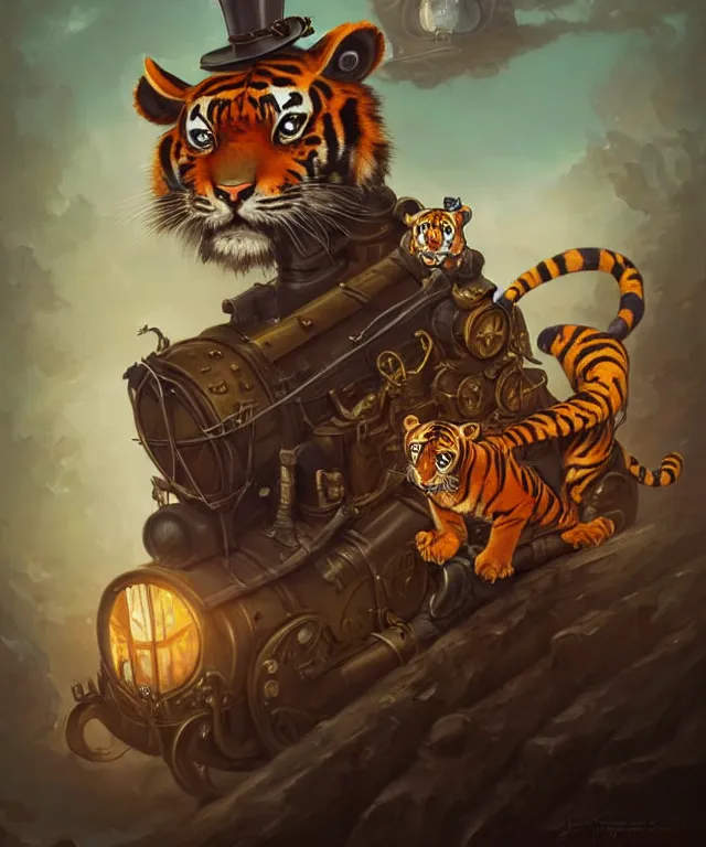 Image similar to a portrait an anthropomorphic steampunk tiger driving a train, landscape in background, cute and adorable, dnd character art portrait, well rendered matte fantasy painting, deviantart artstation, by jason felix by steve argyle by tyler jacobson by peter mohrbacher, cinematic lighting