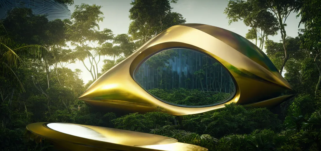 Prompt: futuristic shinny golden iridiscent mirror building in an jungle landscape of a biopunk city by zaha hadid and eladio dieste, movie poster, golden ratio, evening lighting, film still, realistic, octane render redshift arnold materials unreal engine, 8 k post production, hyper detailed