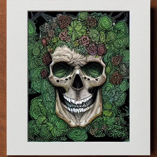 Prompt: overgrown skull inspired by René Laloux,Dan Mumford,twisted ivy vines,moss,succulents