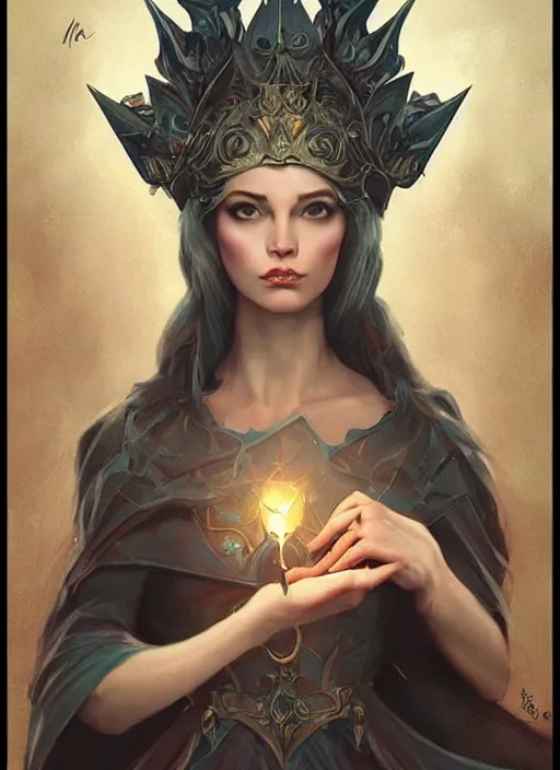 Image similar to tarot!!, fairy queen, fantasy medieval, no noise, elegant, concept art, sharp focus, beautiful face!!, digital art, smooth defined outlines!!, by Brom, trending on Artstation, Tom Bagshaw, Sargent