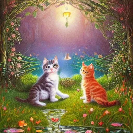 Prompt: two kittens in the enchanted forest watching the goldfish in the stream, fantasy, intricate, extremely detailed, matte, artstation, art by artgerm, louis wain