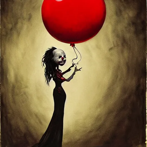 Prompt: grunge painting of beyond the void with a wide smile and a red balloon by chris leib, loony toons style, pennywise style, corpse bride style, horror theme, detailed, elegant, intricate, conceptual, volumetric light