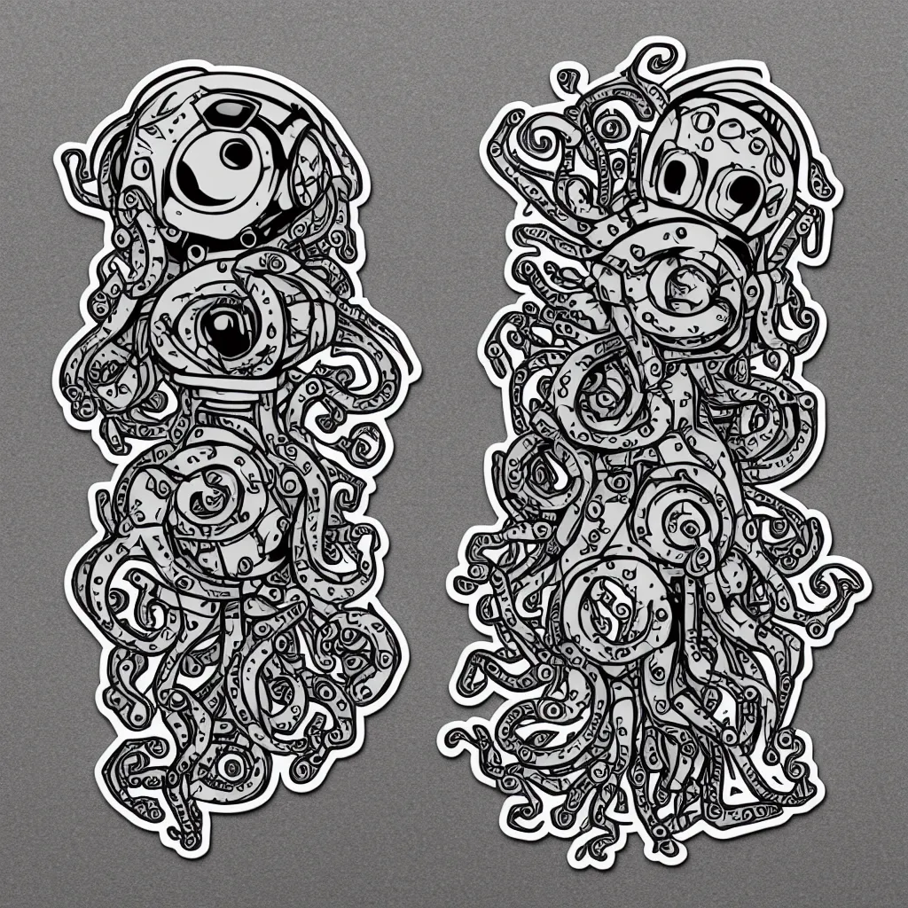 Prompt: symmetrical robot octopus, sticker design