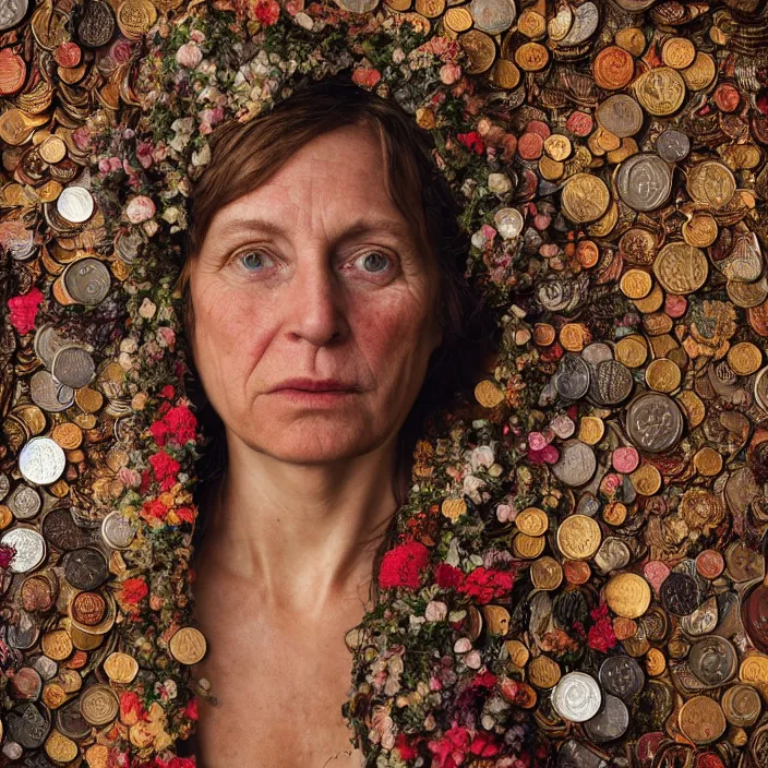 Prompt: closeup portrait of a woman wearing a cloak made of coins and flowers, standing in hell, by Annie Leibovitz and Steve McCurry, natural light, detailed face, CANON Eos C300, ƒ1.8, 35mm, 8K, medium-format print
