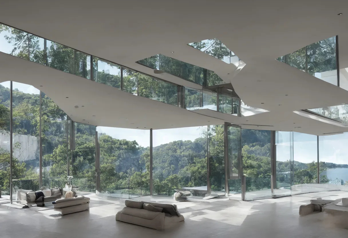 Image similar to Modern house interior with big windows dawn , on a cliff water view focus minimalistic epic architecture