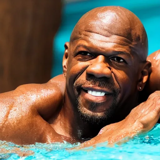 Image similar to terry crews swimming in a pool, the pool is made of salsa, cinematic lighting