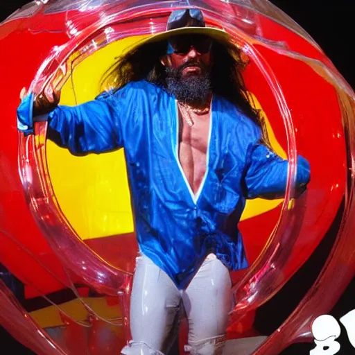 Image similar to randy savage trapped in a giant hamster ball