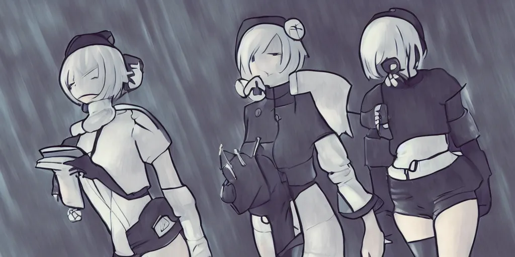 Prompt: lo-fi hip hop study mix parody with 2b from Nier Automata, by Studio Ghibli, highly detailed