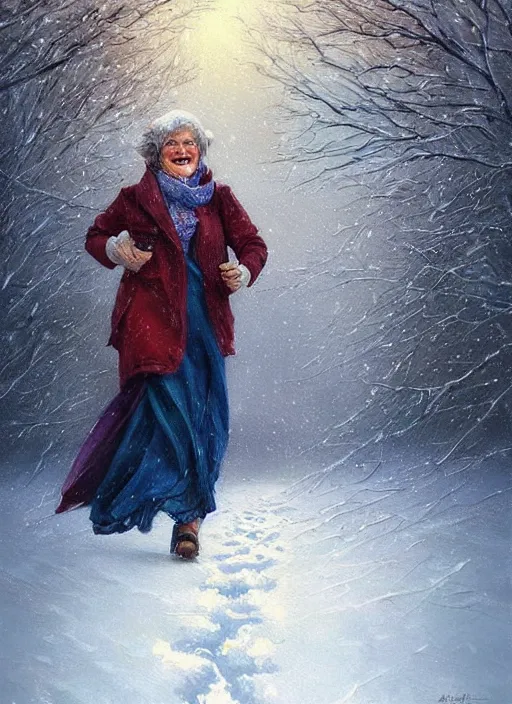 Prompt: an eighty year old woman with short wavy curly light brown hair and blue eyes wearing colorful winter clothes is running in a snowy field. beautiful painting by artgerm and greg rutkowski