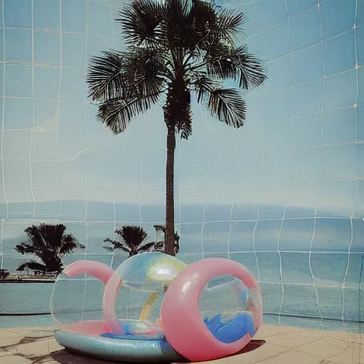 Image similar to a pastel colour high fidelity wide angle Polaroid art photo from a holiday album at a seaside with abstract inflatable parachute furniture, spheres and a sculpture, all objects made of transparent iridescent Perspex and metallic silver, a grid of sun beds iridescence, nostalgic