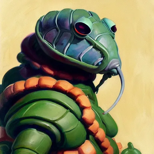 Image similar to greg manchess portrait painting of partially armored caterpillar from alice in wonderland as overwatch character, wacky, medium shot, asymmetrical, profile picture, organic painting, sunny day, matte painting, bold shapes, hard edges, street art, trending on artstation, by huang guangjian and gil elvgren and jesper ejsing