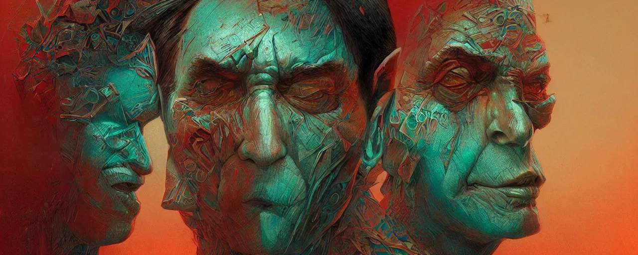 Image similar to portrait of a man in the style of android jones and zdzislaw beksinski