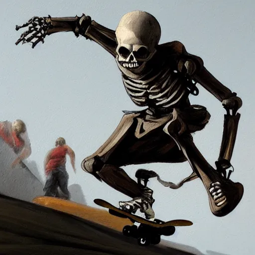 Prompt: close up skeleton skateboarder painting dynamic very very detailed by hubert robert balanced