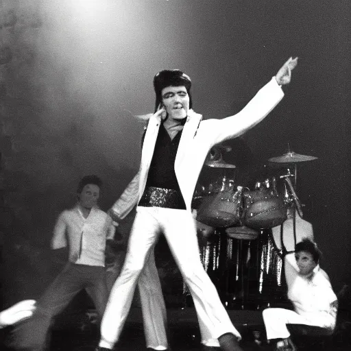 Image similar to black and white photograph of elvis dancing surrounded by aliens