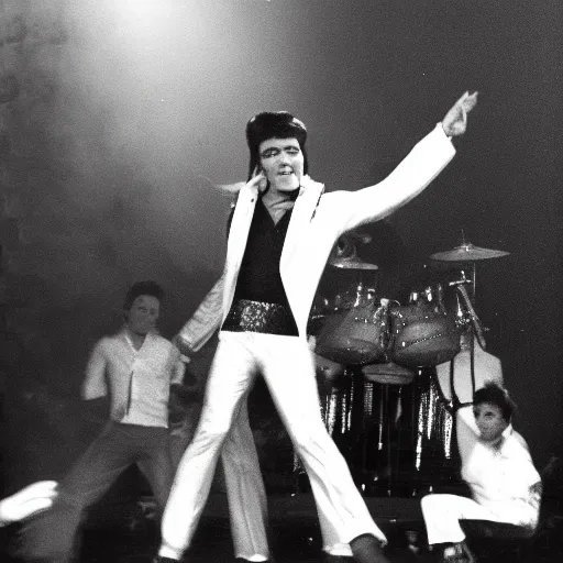 Prompt: black and white photograph of elvis dancing surrounded by aliens