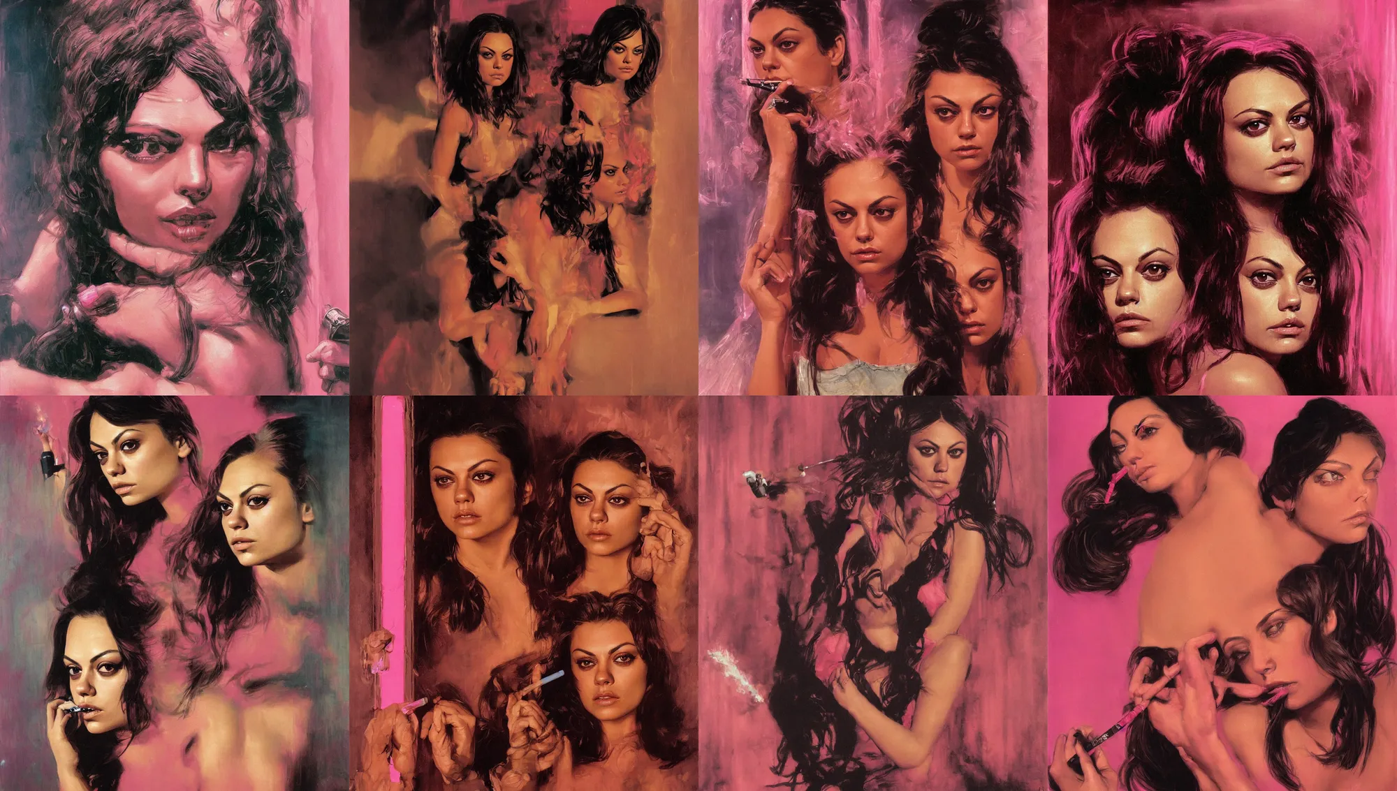 Image similar to close portrait of mila kunis looking into the camera leaning back against a wall smoking a cigarette, pink neon street, 1 9 7 0 s, intricate, moody, personal, highly detailed, short focus depth, donato giancola, joseph christian leyendecker, frank frazetta, alex horley, ralph horsley, michael whelan