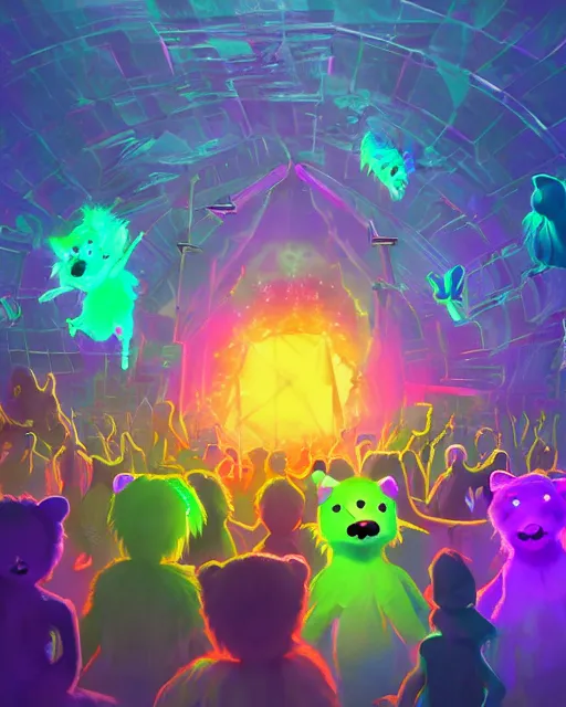 Image similar to a crowded rave for dancing furry monsters of every shape and size surrounding a neon cube tesseract impossible geometry, portal to other worlds, geometric, generative, bending space and time, at hazy dusty dusk night sky in giant epic zoological rave party, digital art trending on art station concept art