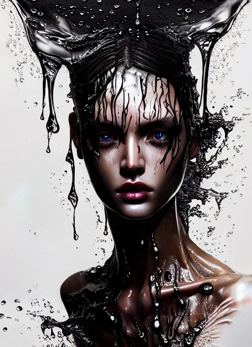 Prompt: fierce wet fashion model, splash, sweat skin, liquid metal, black roses, poster art, high detail, intricate oil painting and watercolor, deep mood, hyperrealism, 3 d, by tooth wu and wlop and beeple and greg rutkowski, full body