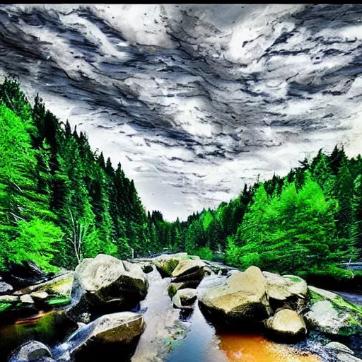 Prompt: a beautiful landscape, river, rocks, trees, by greg rutkowsi, glitch!!!!