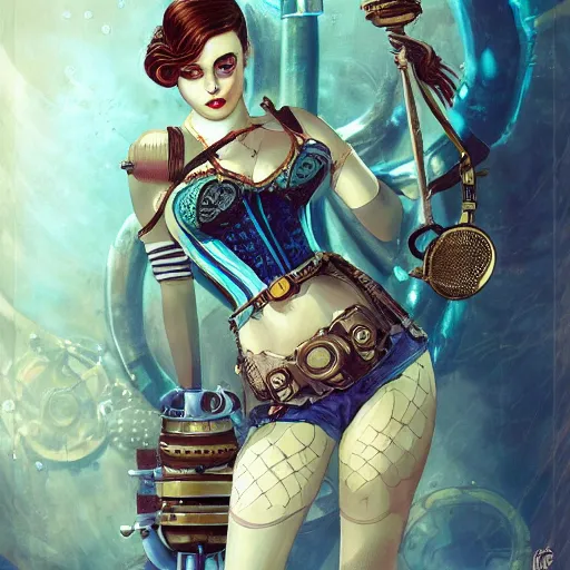 Image similar to lofi underwater bioshock steampunk portrait, wearing corset, Pixar style, by Tristan Eaton Stanley Artgerm and Tom Bagshaw.