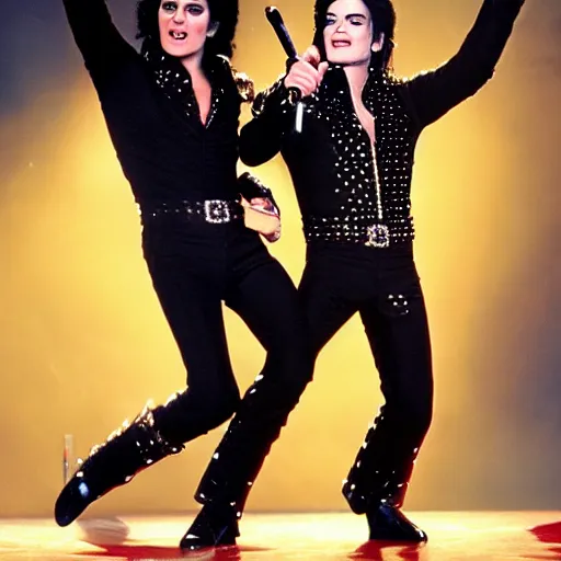 Prompt: Michael Jackson and Elvis epic stage performance, hyper realistic, 4k