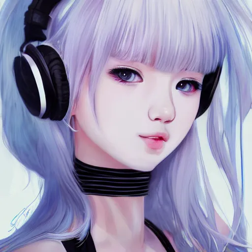 Image similar to realistic detailed semirealism beautiful gorgeous natural cute excited happy Blackpink Lalisa Manoban white hair white cat ears blue eyes, wearing black camisole outfit, headphones, black leather choker artwork drawn full HD 4K high resolution quality artstyle professional artists WLOP, Aztodio, Taejune Kim, Guweiz, Pixiv, Instagram, Artstation