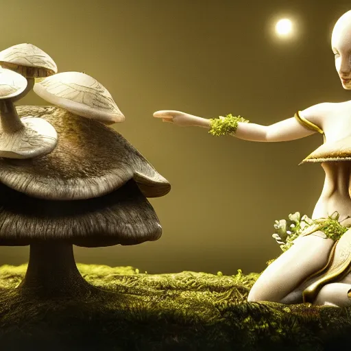 Image similar to mushroom goddess with group of elders in a ceremony for plant medicine, beautiful, hiroya oku, yoshitaka amano, chris cunningham, black and white, beautiful lighting, cinematic still, quantum gravity 3 d render, 8 k