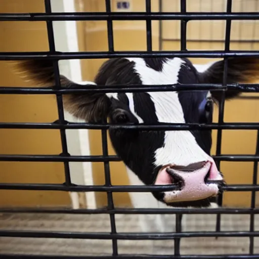 Image similar to mugshot of a cute calf with big eyes dressed as an inmate inside a jailcell