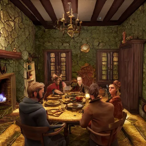 Prompt: the inside of a feywild mansion, with several people sitting around a long dinner table, in front of a fireplace, muted wallpaper, dungeons and dragons, 4 k, highly detailed