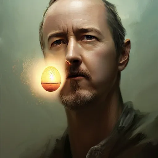 Image similar to a portrait of an egg with edward norton's face, concept art by greg rutkowski, artgerm and ruan jia